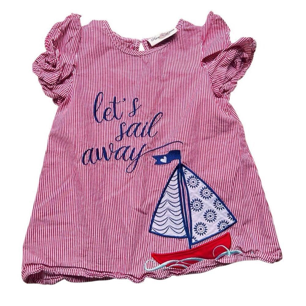 Girls 5 Dress/Top Nautical Red White Stripes W/ Embroidered Sail Boat Sail Away